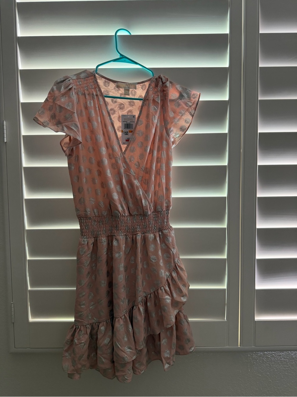MICHAEL Michael Kors Blush Pink Metallic-Print Flutter Sleeve Mini Dress
